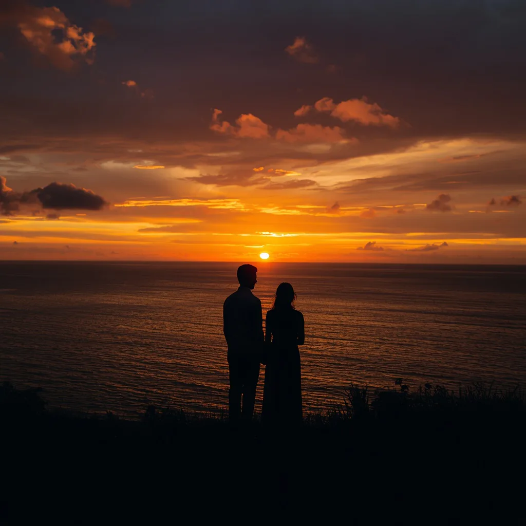 Romantic Couple Silhouetted Against a Golden Sunset Overlooking a Vast Ocean – historic couple ai prompts – AI generated example