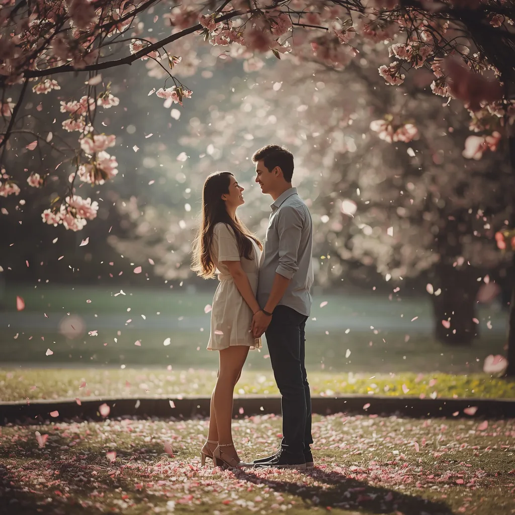 Romantic Couple Under a Cherry Blossom Tree with Petals Falling Gently – historic couple ai prompts – AI generated example