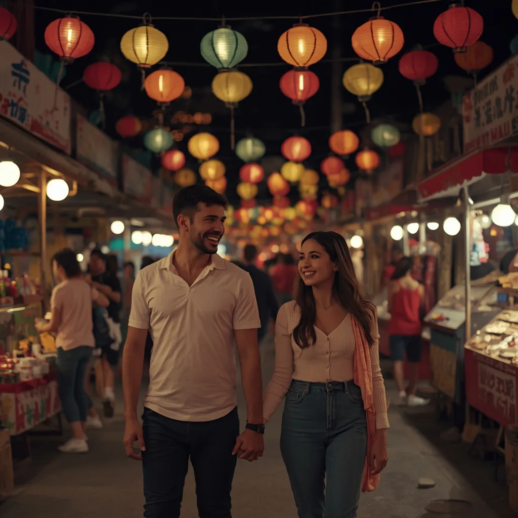 Romantic Couple Walking Through a Lantern-Lit Night Market – historic couple ai prompts – AI generated example