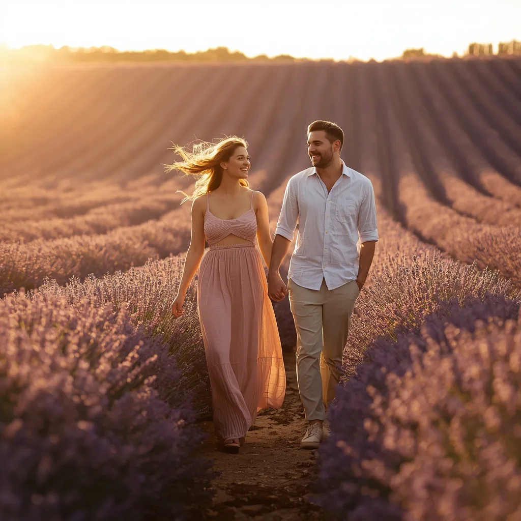 Romantic Couple Walking Through a Lavender Field at Golden Hour with Gentle Breeze – historic couple ai prompts – AI generated example