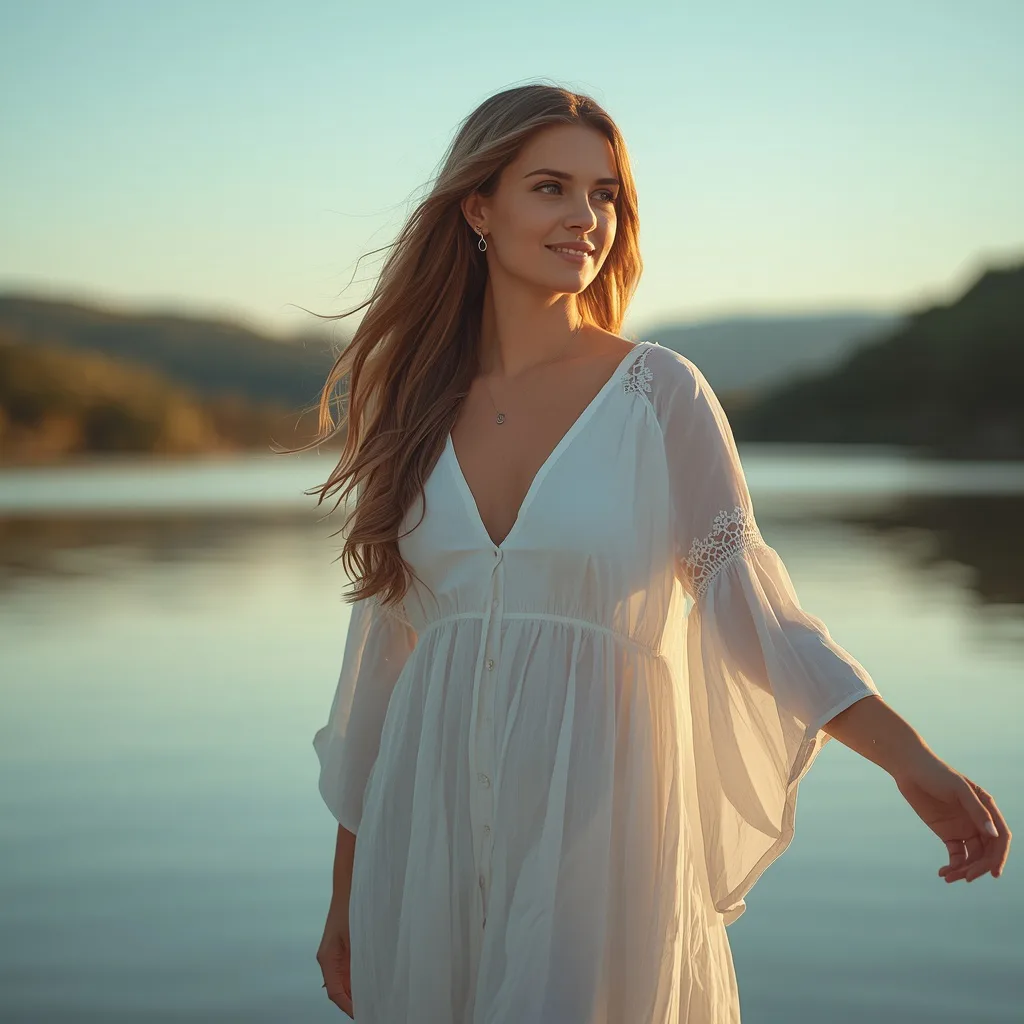 Serene Woman in a Flowy White Cotton Maxi Dress by a Sunset River – women's cottagecore ai prompts – AI generated example