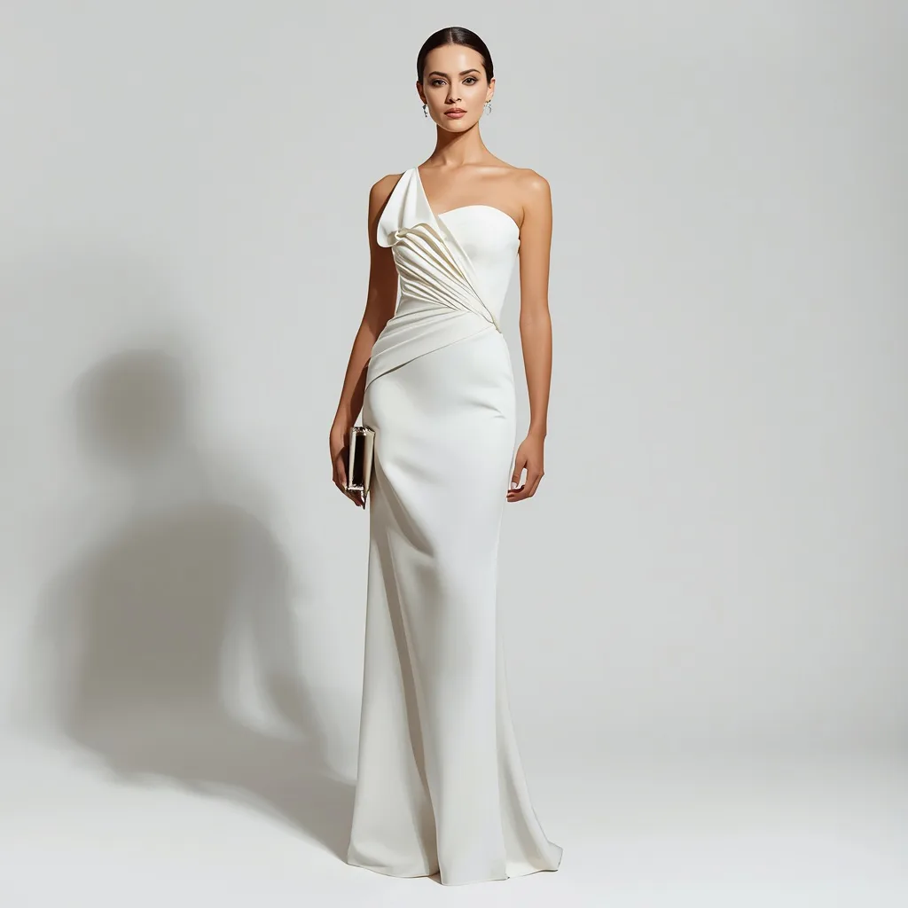 Sleek Sophistication: A Woman in a Column Dress with Architectural Details – women's cottagecore ai prompts – AI generated example