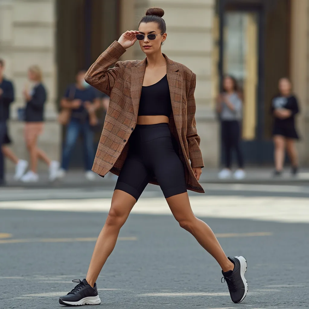 Street Style Star: A Woman in a Trendy Oversized Blazer and Cycling Shorts – women's cottagecore ai prompts – AI generated example
