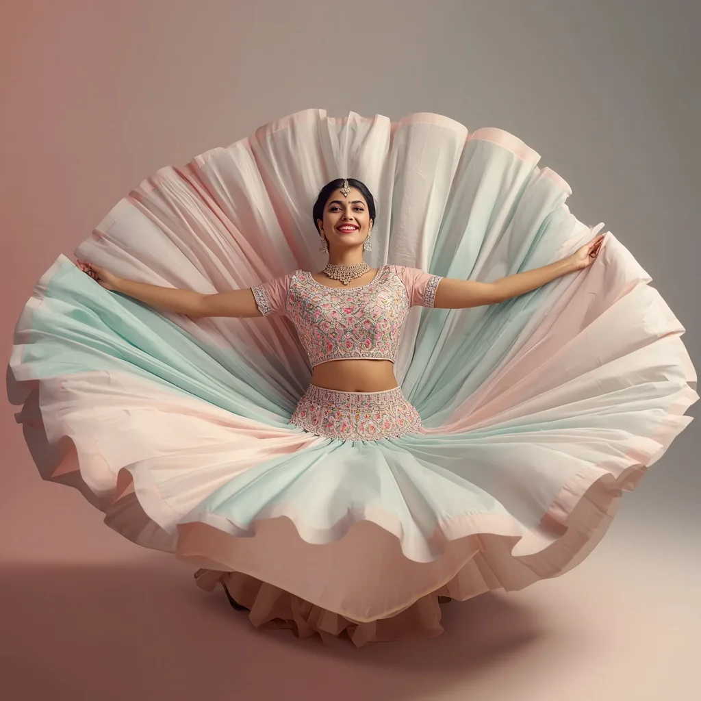 Stunning Woman in Pastel Lehenga Performing Low Spin Pose – realistic photo ai prompts – AI generated example