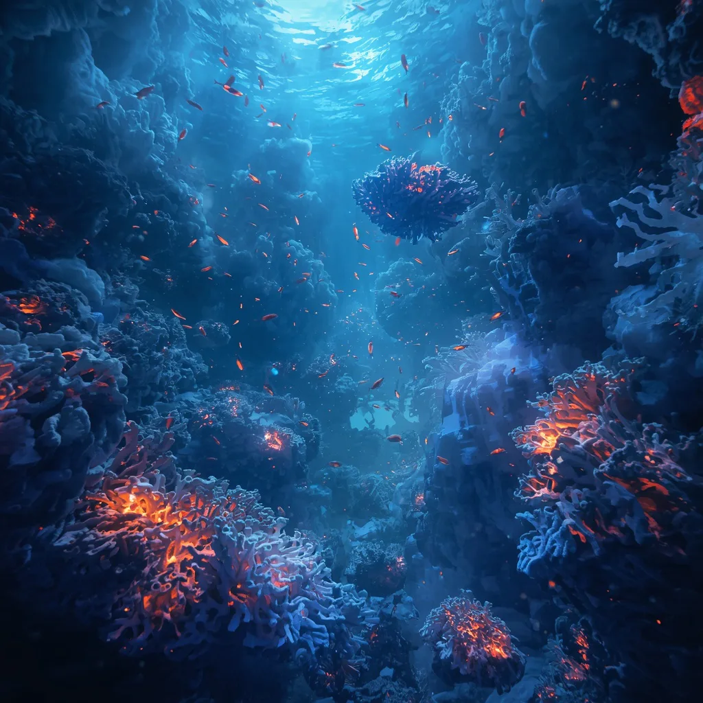 Surreal Bioluminescent Coral Sky Forest Where Ocean Life Exists In Atmosphere Layers – high-fashion photography ai prompts – AI generated example