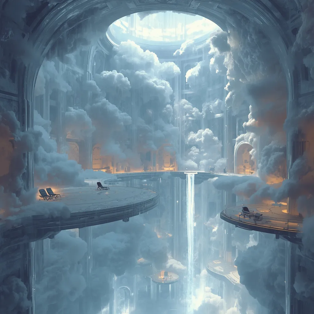Ultra Luxury Floating Crystal Resort Inside Cloud Energy Architecture Sphere – high-fashion photography ai prompts – AI generated example