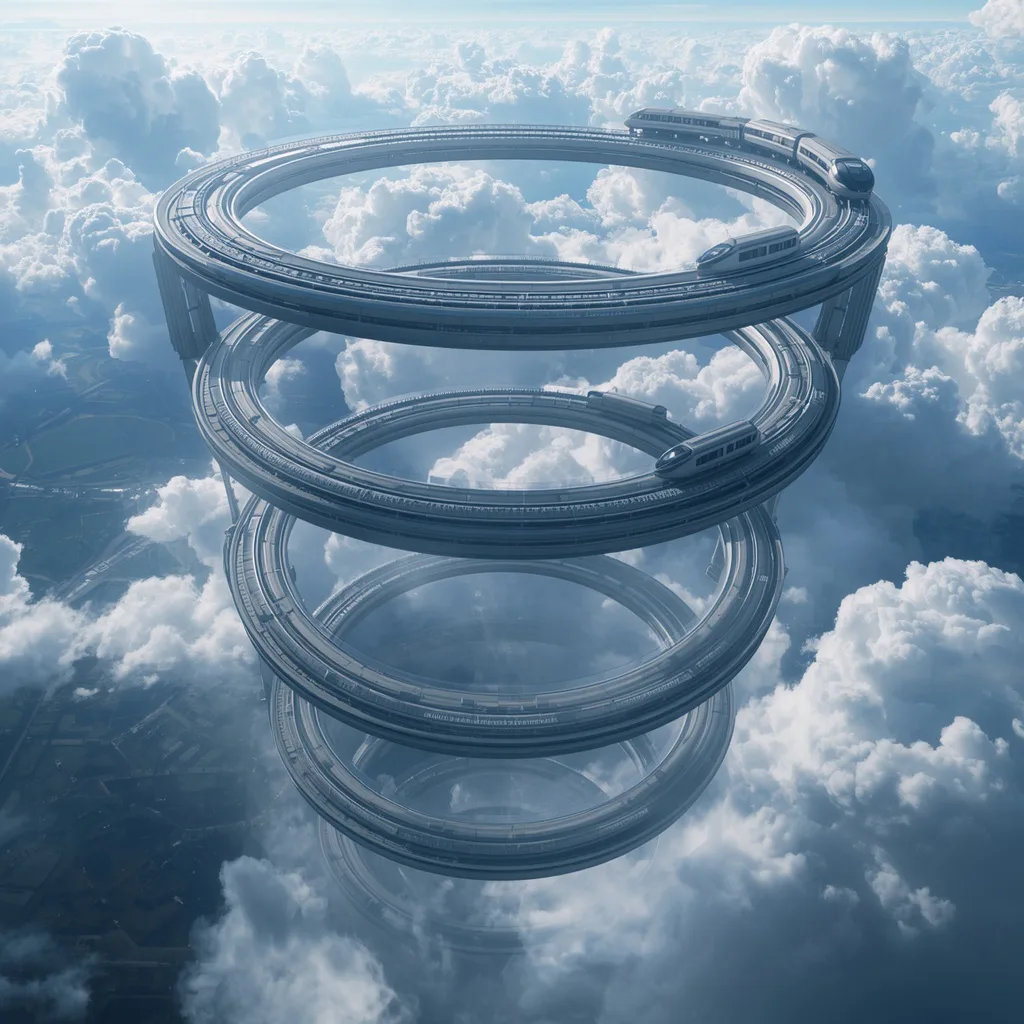 Ultra Modern Sky Railway Spiral Megastructure With Infinite Loop Transit System – high-fashion photography ai prompts – AI generated example