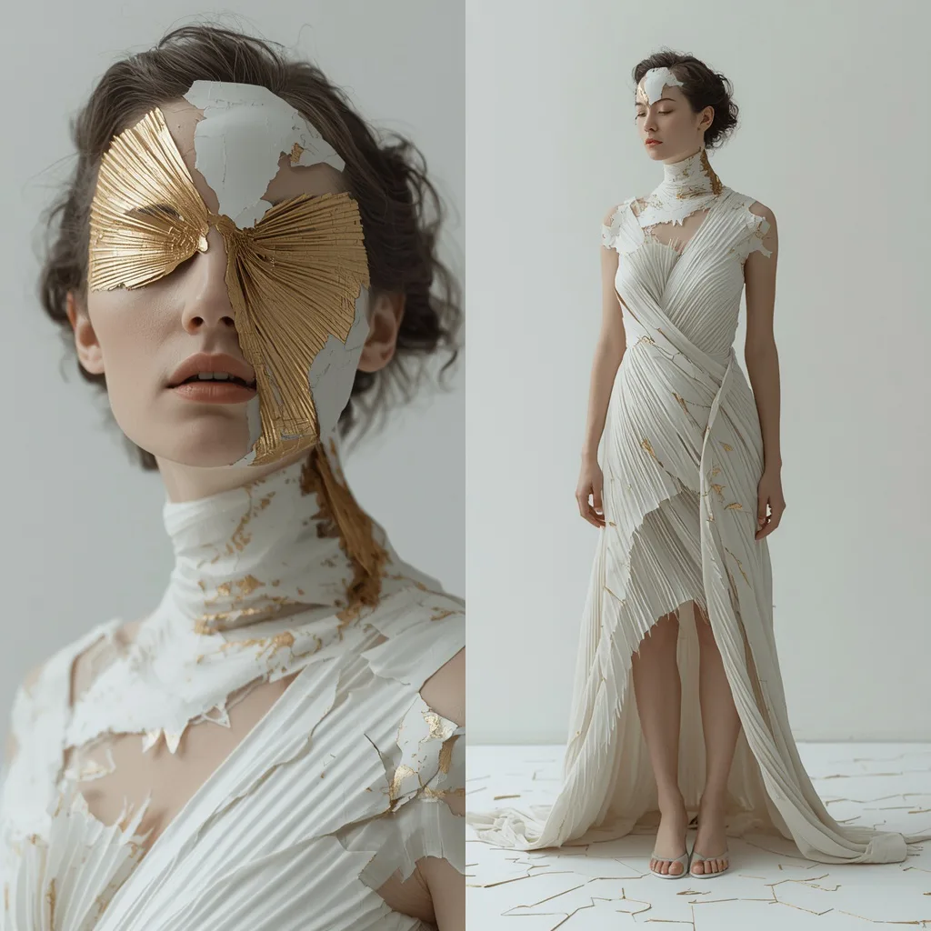 Woman as Fragile Kintsugi Porcelain Amidst Golden Void Collage – realistic photo ai prompts – AI generated example