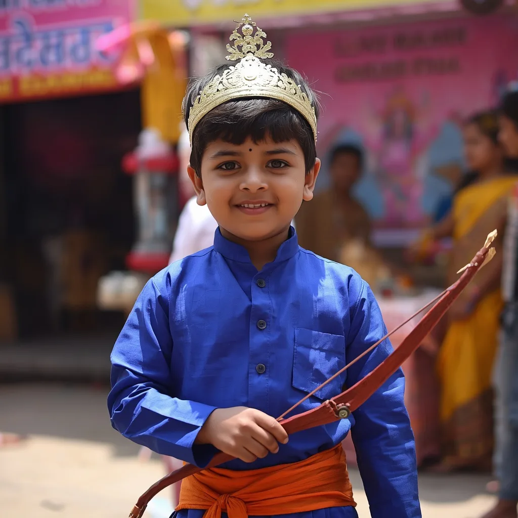 Young Boy Dressed as Lord Rama Ready for Dussehra Celebration – stylish boy's ai prompts – AI generated example