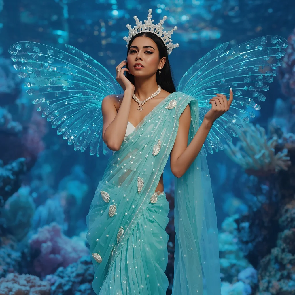 Aqua Ocean Pearl Crown Saree with Crystal Coral Kingdom Background | new instagram trend prompt for girl saree look — AI image prompt