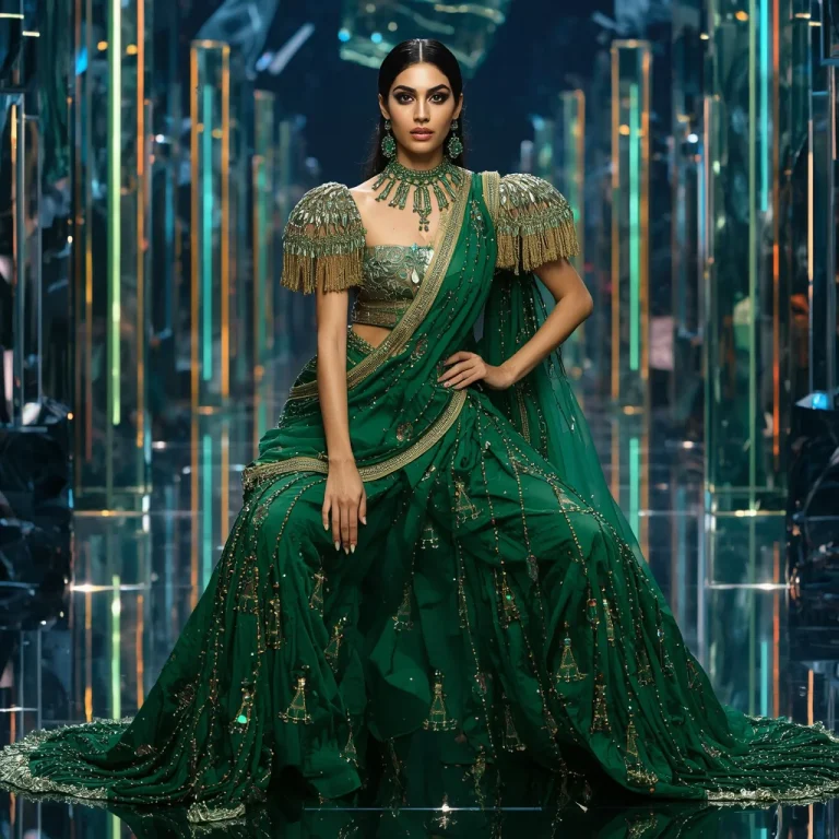 Aurora Emerald Royale Saree with Floating Prism Infinity Cathedral | trending saree prompt for girl instagram — AI image prompt