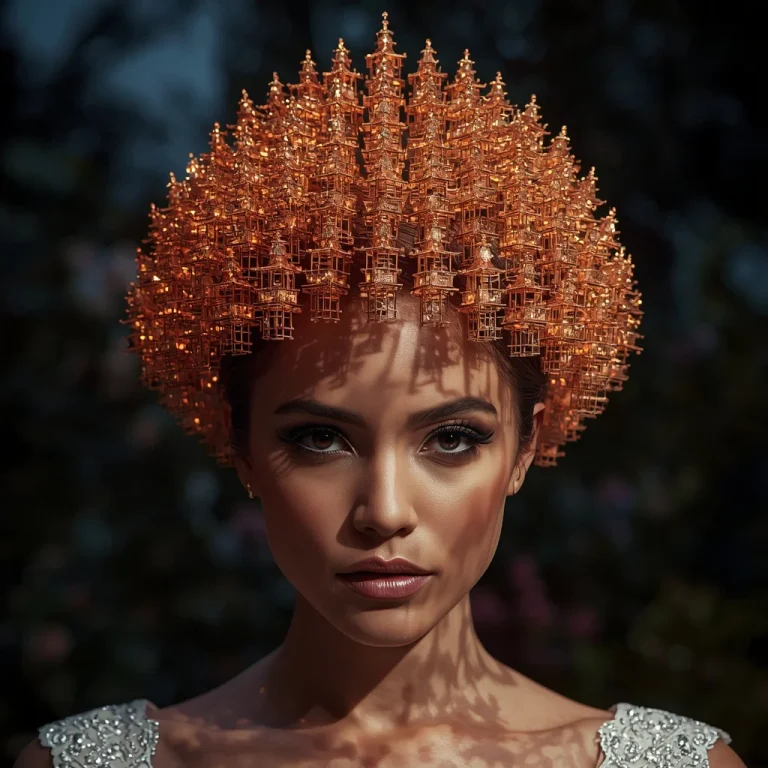 Avant-Garde Bridal Headpiece Made Of Miniature Glowing Pagodas | Prompt seen photo editing ChatGPT — AI image prompt
