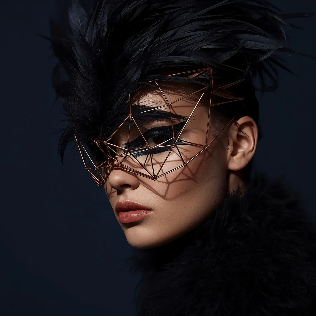 Avant-Garde Mask Of Rose-Gold Geometric Wires And Black Feathers | Stylish Photo Prompt — AI image prompt