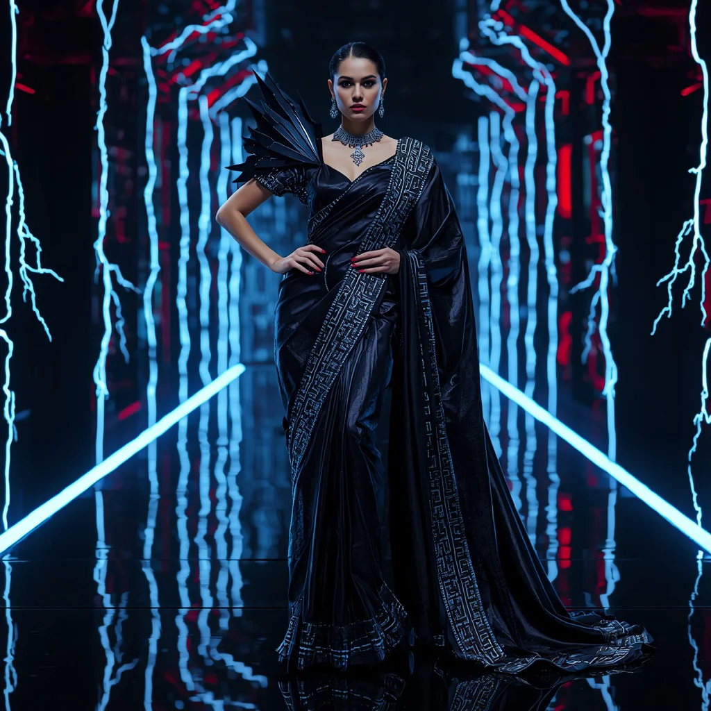Black Neon Thunder Blade Armor Saree – Heavy Futuristic Glam Saree with Sharp Runway Pose and Cyber Lightning Corridor Background | chatgpt photo editing prompts trending instagram for girl — AI image prompt