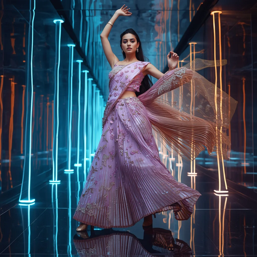 Crystal Pulse Saree with Floating Aurora Reflection Corridors | new instagram trend prompt for girl saree look copy and paste download — AI image prompt