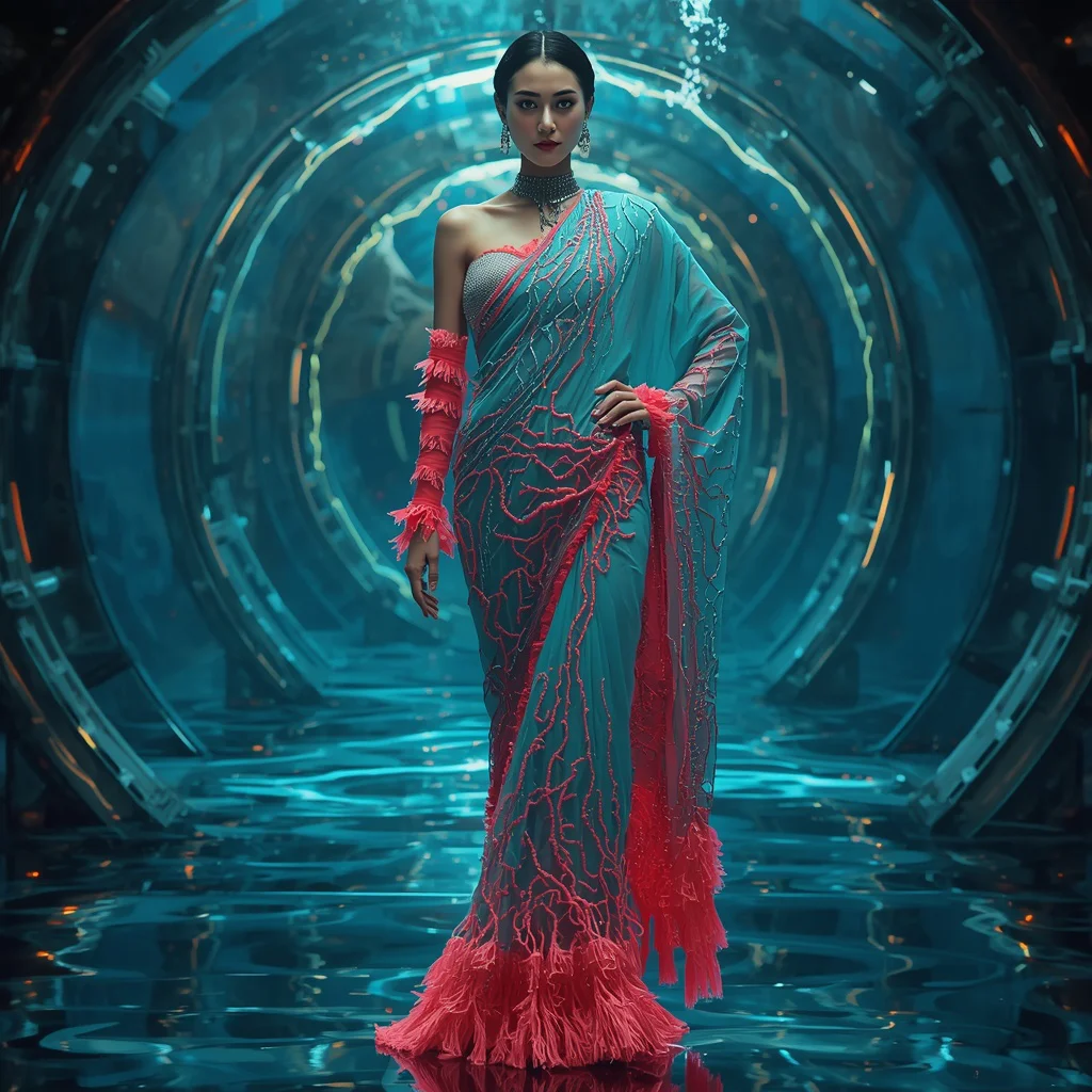 Cyber Coral Neural Armor Saree with Ocean Rift Singularity Core | trending saree prompt for girl instagram — AI image prompt
