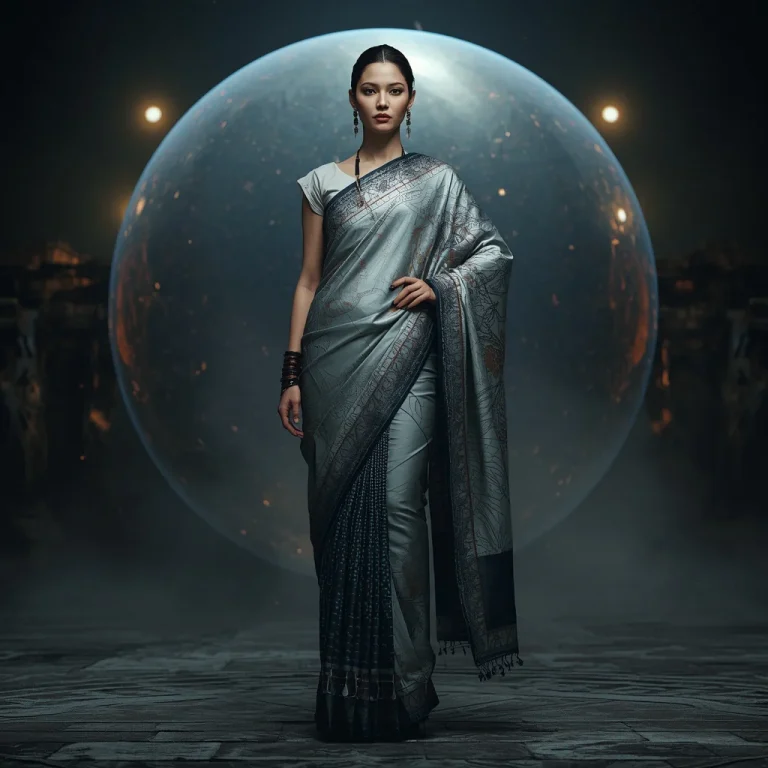 Cyber Silk Fossil Void Saree with Digital Galaxy Singularity Sphere | desi saree ai prompt — AI image prompt