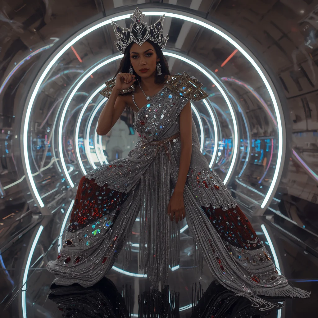 Diamond Inferno Empress Saree with Floating Orbit Reflection Corridor | prompt for gemini girl in saree instagram — AI image prompt