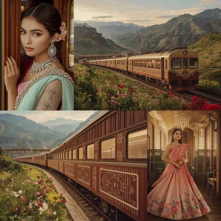 Festive Pastel Saree Luxury Giant Vintage Train Through Flower Mountains Editorial Collage | saree photoshoot ai prompt — AI image prompt