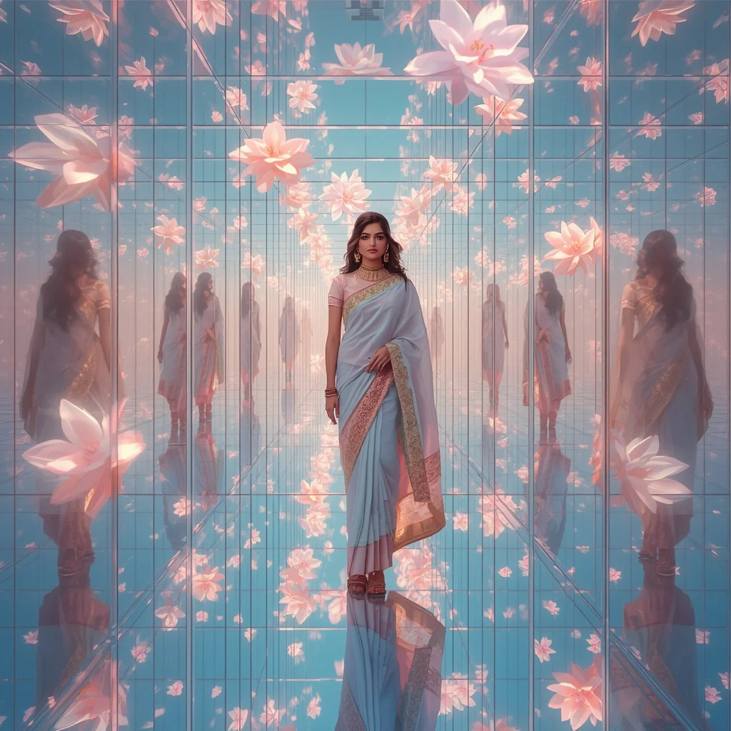 Festive Pastel Saree Prism Light Palace Infinity Corridor Collage Premium Cinematic | new instagram trend prompt for girl saree look copy and paste — AI image prompt