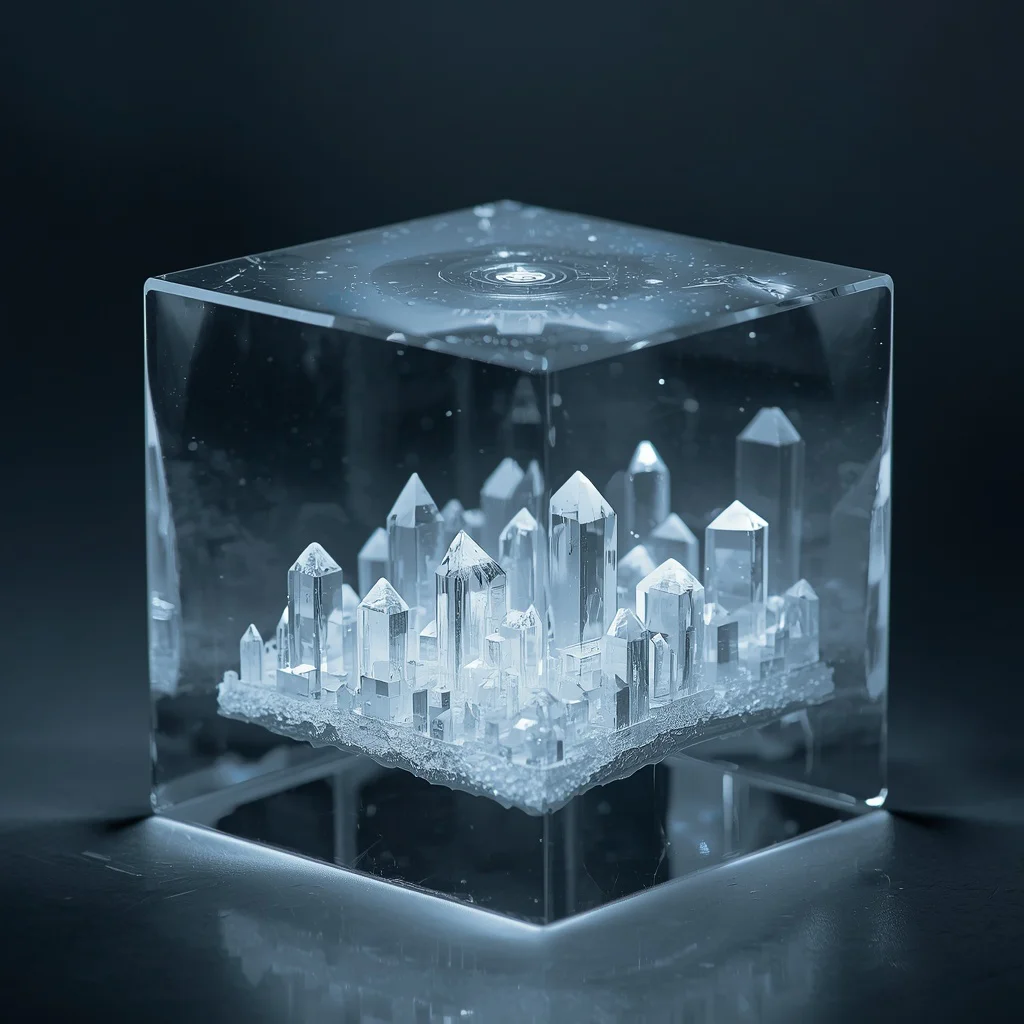 Floating Geometric Quartz Cityscape Inside a Vacuum-Sealed Glass Cube | Image prompt ai generator — AI image prompt