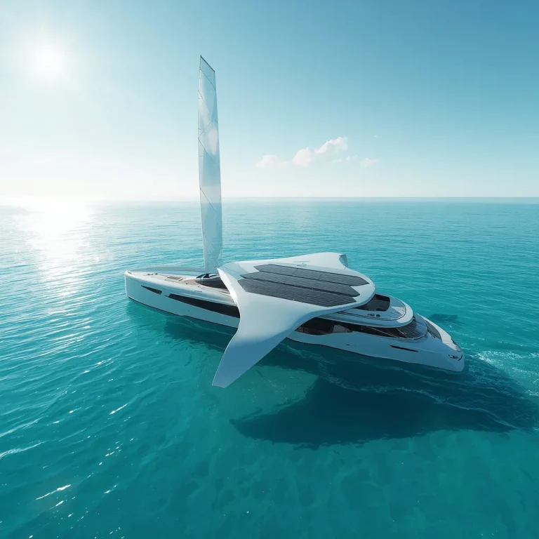 Futuristic White Solar-Sail Yacht Navigating A Crystal Turquoise Bay | retro style prompt for gemini instagram — AI image prompt