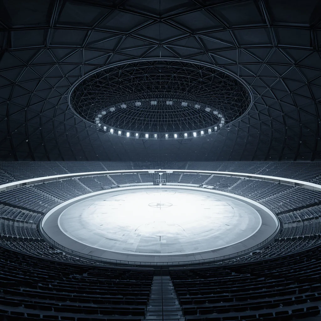 Futuristic White Sports Arena Inside A Giant Black Geodesic Dome | Gemini prompt in english — AI image prompt