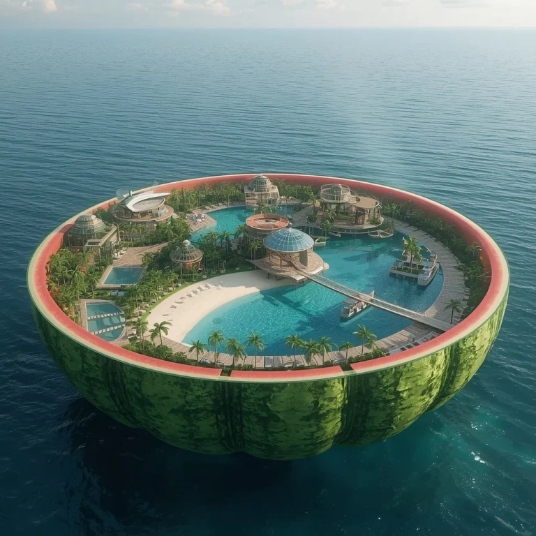 Giant Luxury Floating Watermelon Harbor With Transparent Beaches and Crystal Forests | prompt for gemini ai 2026 download — AI image prompt
