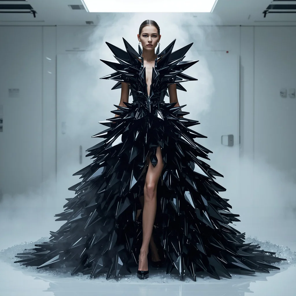 Haute Couture Gown Made of Razor-Sharp Obsidian Shards and Frozen Liquid Nitrogen | instagram trending prompt copy and paste — AI image prompt
