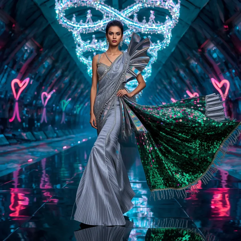 Holographic Diamond Royale Saree with Floating Neon Infinity Crowns | best ai prompts for images — AI image prompt