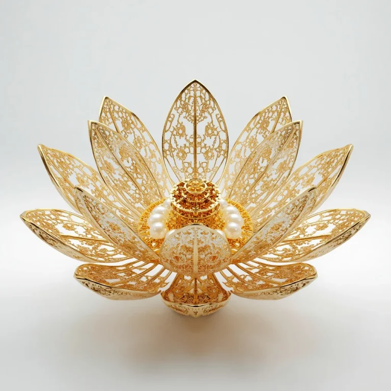 Kinetic White Gold And Pearl Fractal Flower Sculpture With Micro-Mechanical Petals | prompt online — AI image prompt