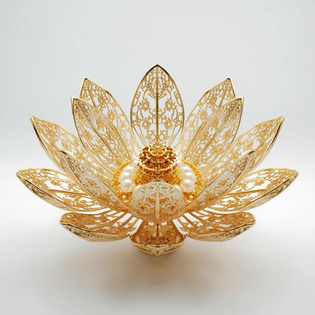 Kinetic White Gold And Pearl Fractal Flower Sculpture With Micro-Mechanical Petals | prompt online — AI image prompt
