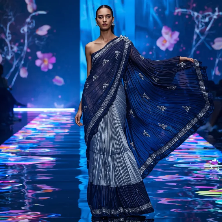 Lunar Crystal Saree with Floating Aurora Infinity Water Bridges | desi saree ai prompt — AI image prompt