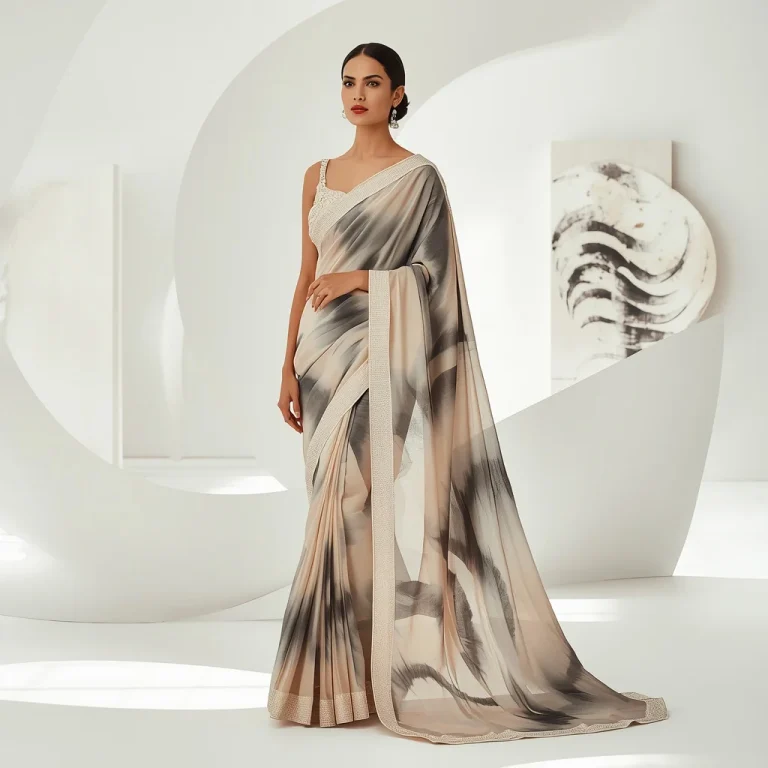 Luxury Abstract Ink Flow Saree Look with Minimal White Infinity Sculpture Gallery Background | retro style prompt for gemini girl in saree in hindi — AI image prompt