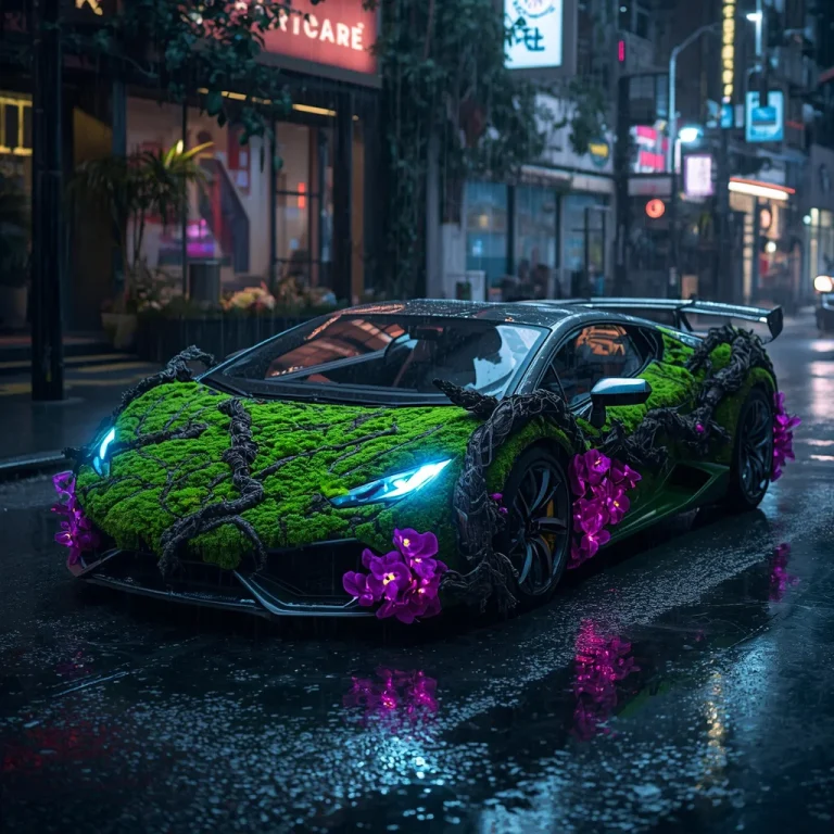 Luxury Aerodynamic Sports Car Forged from Living Green Moss and Glowing Flowers | Free AI image generator — AI image prompt
