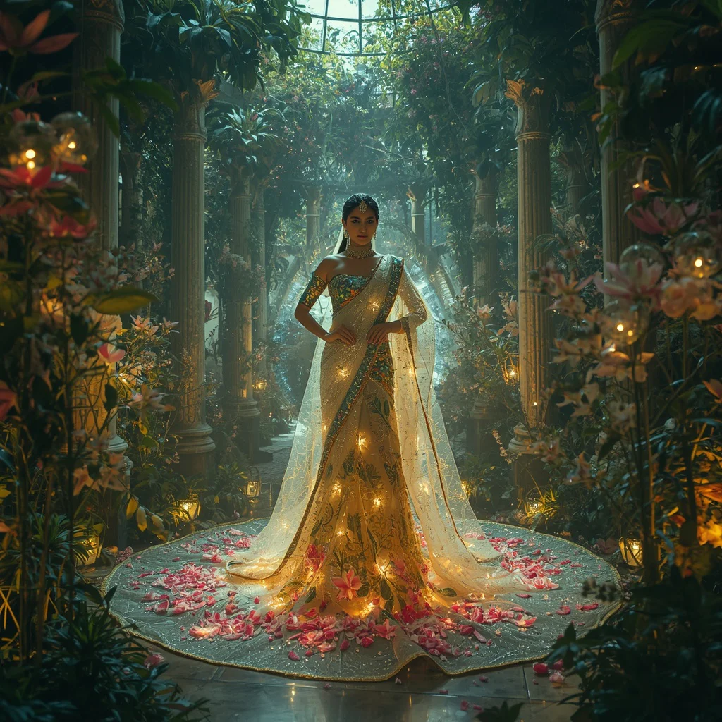 Luxury Crystal Energy Garden Saree With Futuristic Botanical Couture Fashion Design | trending prompt in instagram — AI image prompt