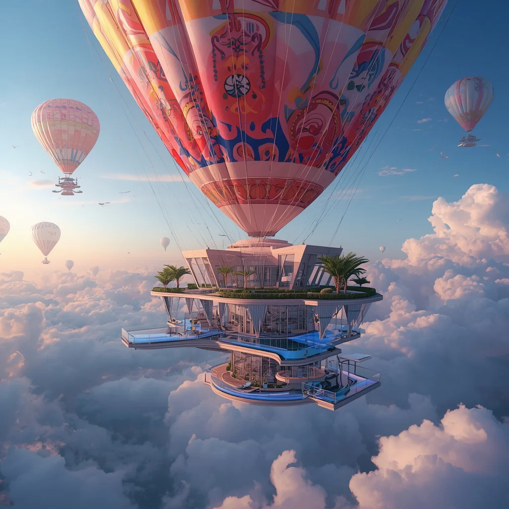 Luxury Sky Resort Suspended Beneath Giant Kite City | Trending peacock prompt — AI image prompt