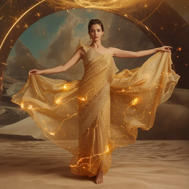Magnetic Sand Silk Plasma Storm Saree with Floating Desert Core Field | saree dp ai prompt — AI image prompt