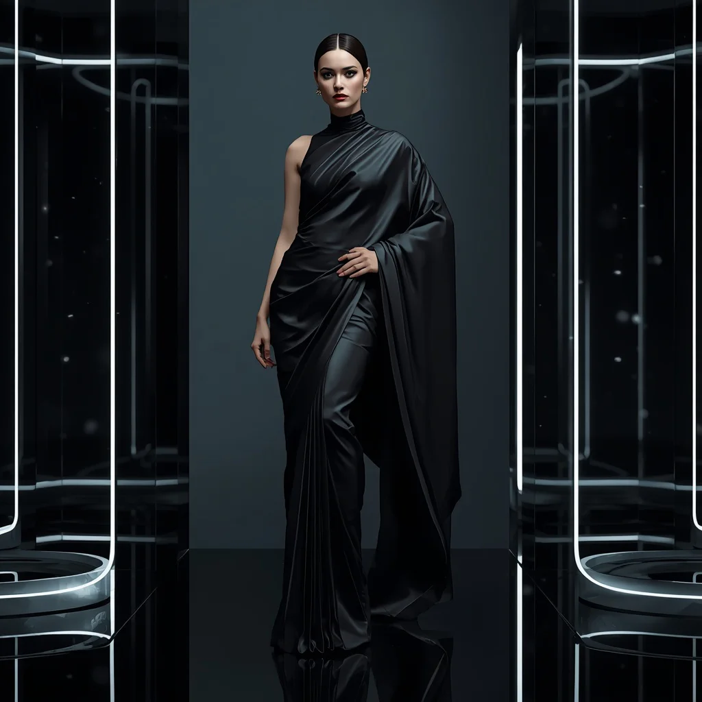 Minimal Black Mirror Silk Saree with Futuristic Void Architecture Luxury Editorial Fashion Concept Look | instagram prompt for traditional look for girl in english — AI image prompt