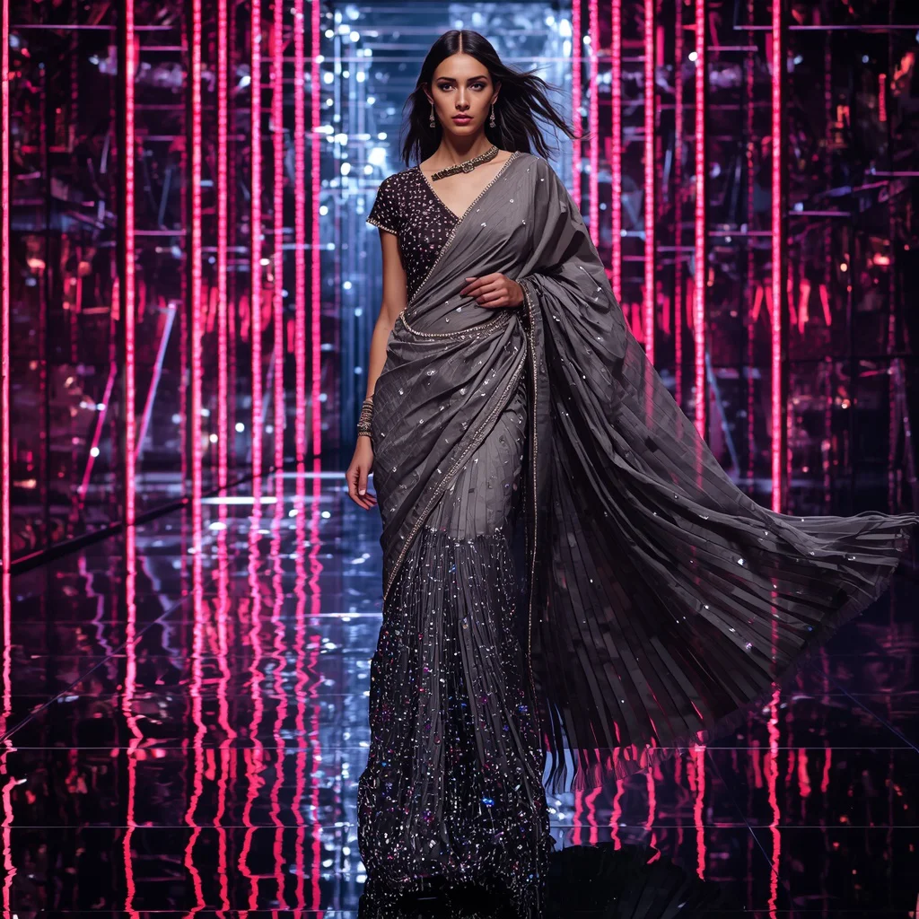 Obsidian Prism Saree with Floating Laser Neon Corridors | prompt for gemini girl in saree instagram — AI image prompt