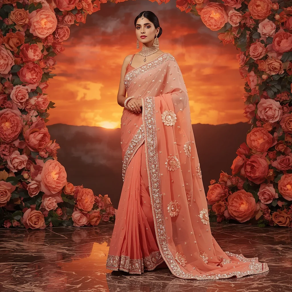 Premium Coral Pearl Saree with Artistic Marble Editorial Walk Spiral Air Curl and Sunset Floral Reflection Dome Background | chatgpt photo editing prompts trending instagram download — AI image prompt