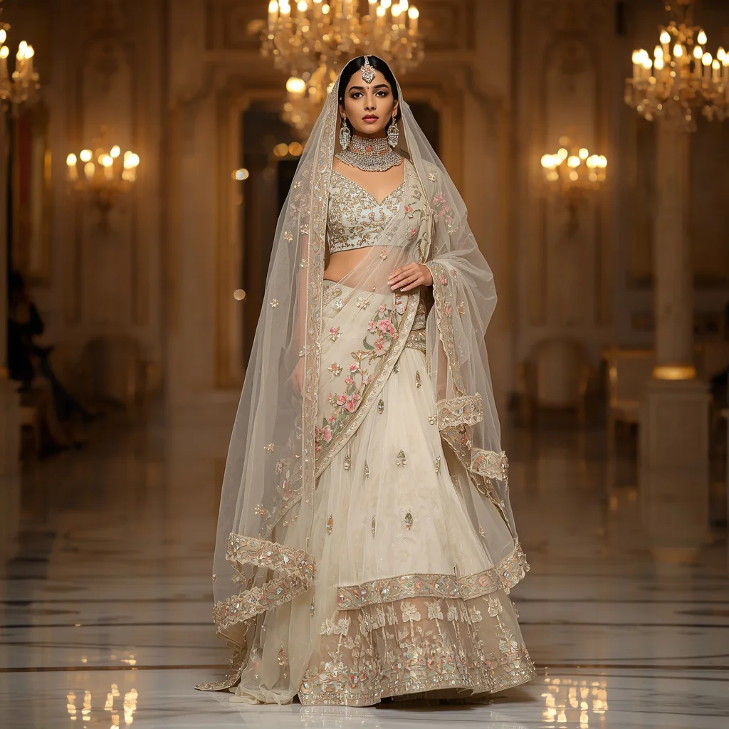 Royal Ivory Floral Veil Saree Fashion Pose with Palace Corridor Background | traditional prompt for gemini ai girl instagram — AI image prompt