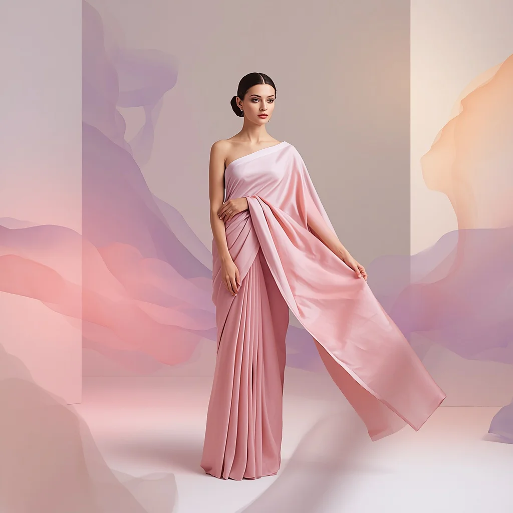 Soft Gradient Silk Saree With Floating Color Atmosphere Dream Studio Fashion Concept Scene | trending purple saree prompt instagram — AI image prompt