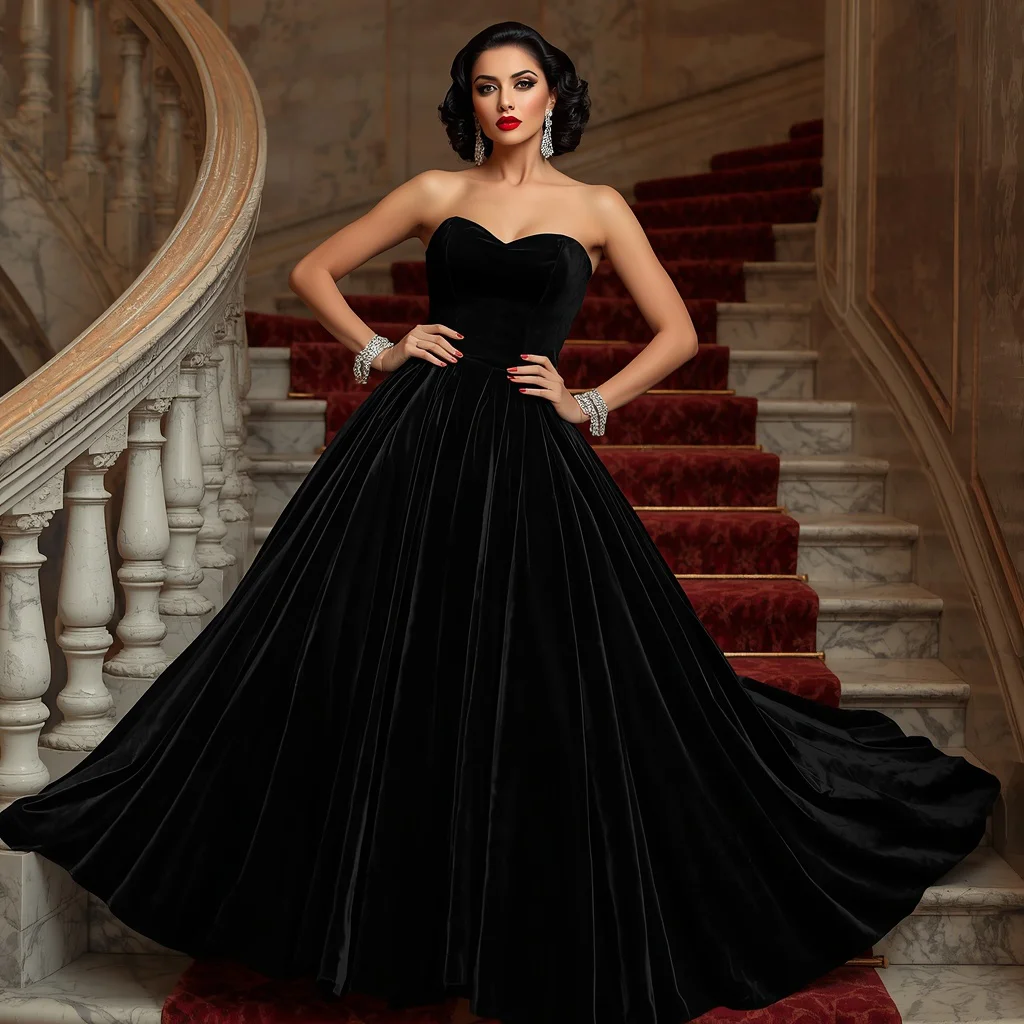 Classic Hollywood Glamour: A Black Strapless Ball Gown | Cinematic Ai Prompt — AI image prompt