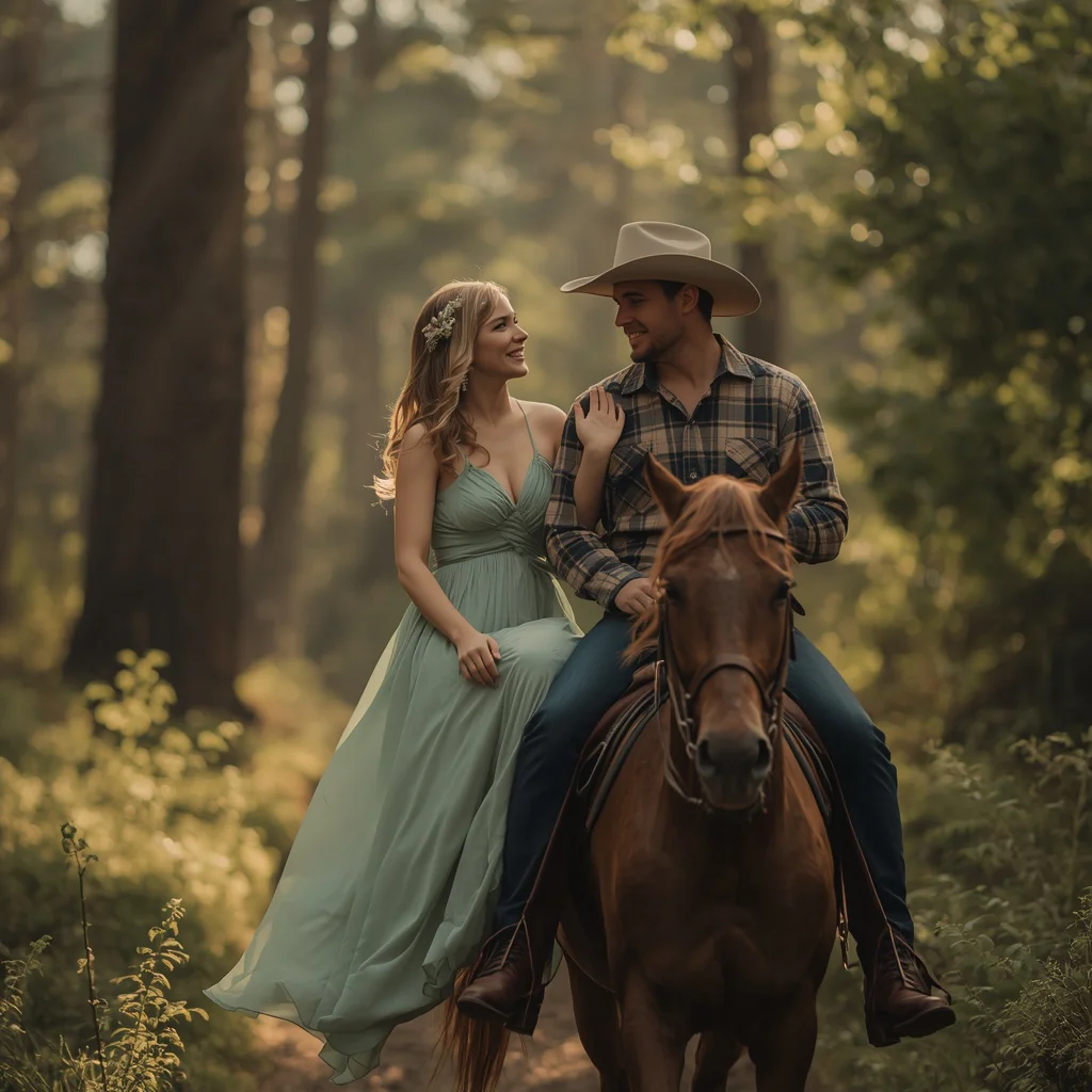 Couple’s Romantic Horseback Ride Through a Forest Trail | Hot Romantic Prompt — AI image prompt
