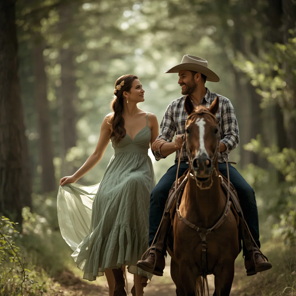 Couple’s Romantic Horseback Ride Through a Forest Trail | Romantic Prompt — AI image prompt