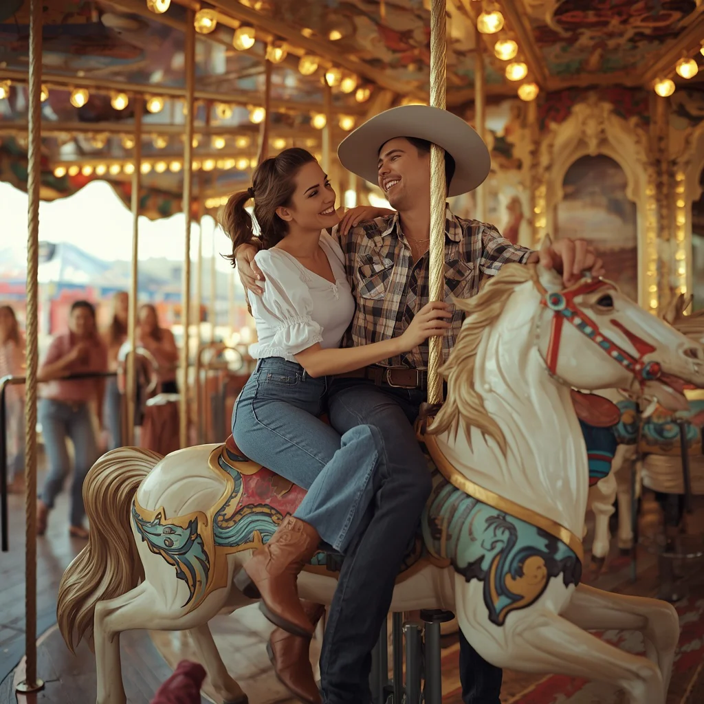 Couple’s Whimsical Carousel Ride in Retro Western Outfits | Couple Ai Prompt — AI image prompt