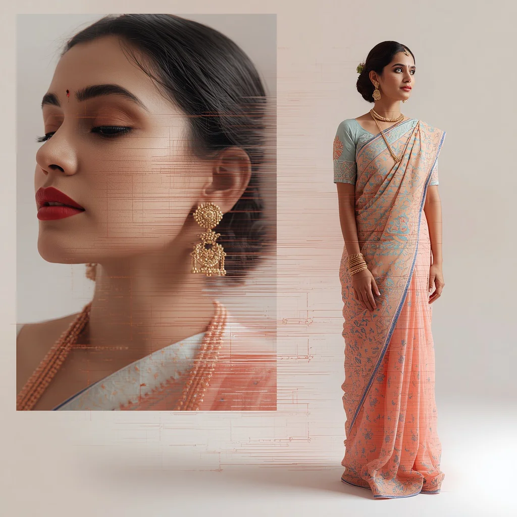 Digital Dreamscape: Saree in a Glitching Reality | Saree Dp Prompt — AI image prompt