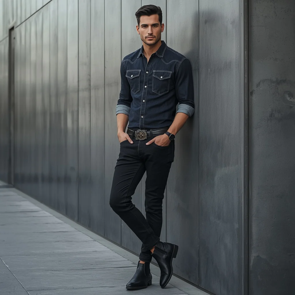 Men’s Confident Stance in a Modern Western Ensemble | Command Prompt — AI image prompt